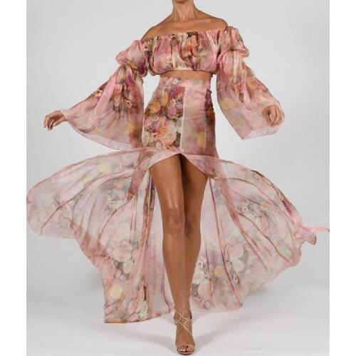 Vintage Off Shoulder Printed Long Sleeves Mermaid Elegant Ruffle Fashion Lace Corset Club Outfit Evening 2 Piece Set