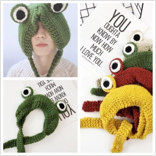 Funny Skullies Cute Women Frog Hat Crochet Knitted Hat Costume Beanie Hats Cap Teens Kids Hip-hop Cap Photography Ins Party