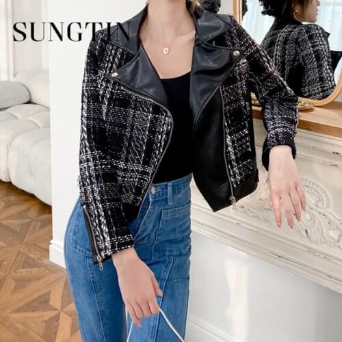 Sungtin Vintage Knitted Tweed Panel Short Faux Leather Jacket Women Fashion Long Sleeve Leather Jackets Elegant PU Leather Coat