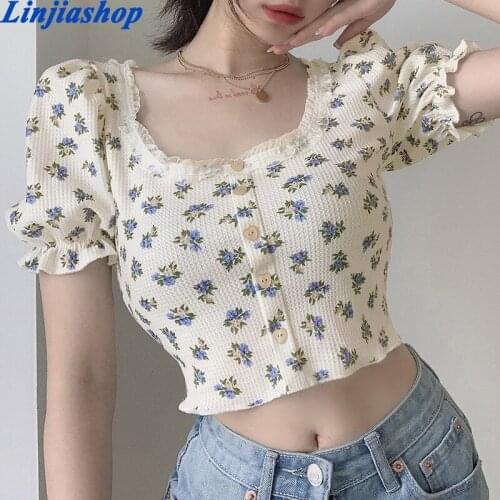 Women Summer Floral Print tank Top Puff Sleeve U-Neck Buttons Slim Exposed Navel Shirt Top Ladies Fashion Sweet Camis