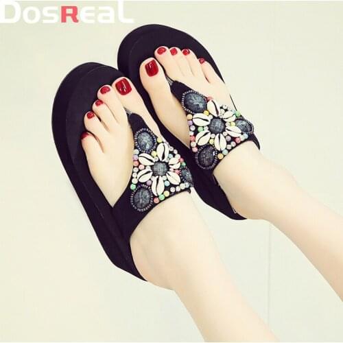 Dosreal WomenS Summer High-Heeled Flip Flops All-Match Rhinestone Sandals Ladies Holiday Thick-Soled Beach Slippers Boho Style