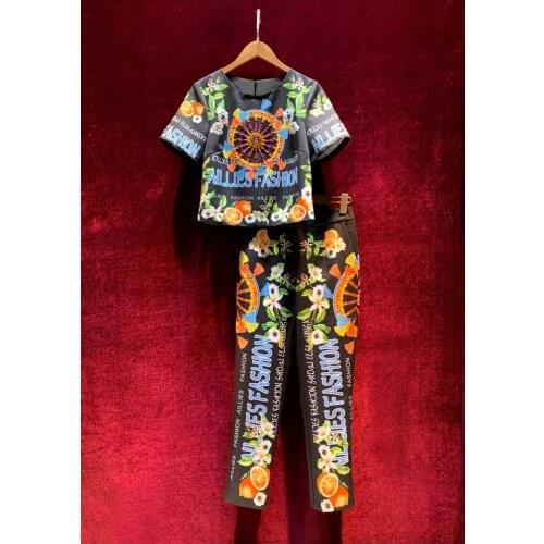 Women Pants Set 2021 Summer Female Vintage Print Slim Short Sleeve Suit Two Piece Clothing New