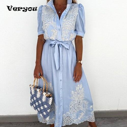 2021 Summer Puff Sleeve Lace Party Dress Sexy Hollow Out Patchwork Embroidery Long Dress Elegant Women Tie-Up Belted Shirt Dress