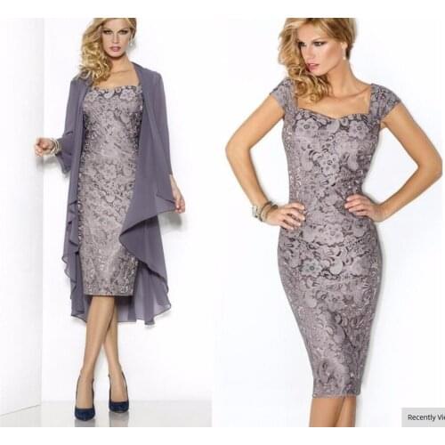 Knee-Length 2018 New Arrival Lace Mother Of The Bride Gown Wedding Evening Social Occasion Purple Short Prom Dresses With Jacket