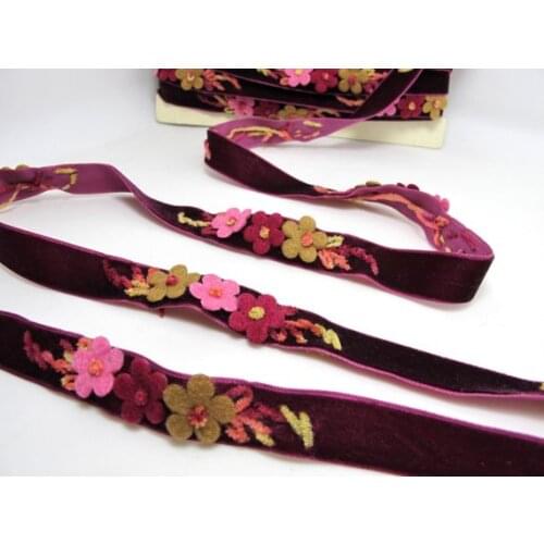 5/8 Inch Felt Flower with Yarn Embroidery on Burgundy Velvet Ribbon|Sewing|Quilting|Craft Supplies|Hair Accessories|Necklace DIY
