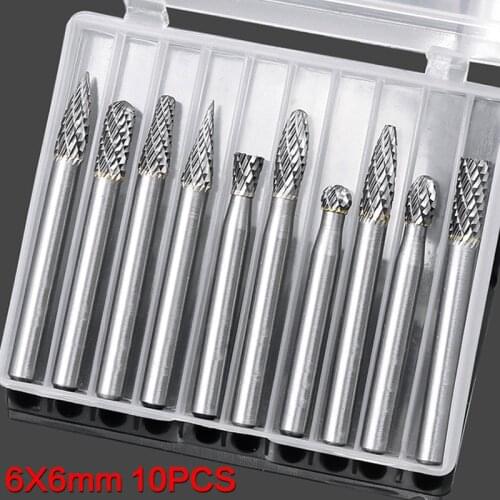 6*6mm 10PCS Carbide Rotary File Grinding Head Tungsten Steel Electric Rotary File Woodworking Milling Cutter Metal Polishing Bit