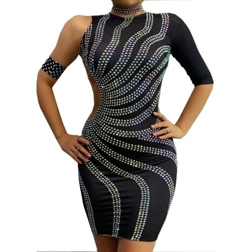 Sparkly Rhinestones One Shoulder Dress Women Evening Birthday Party Dresses Sexy Club Outfit Singer Stage Performance Costume