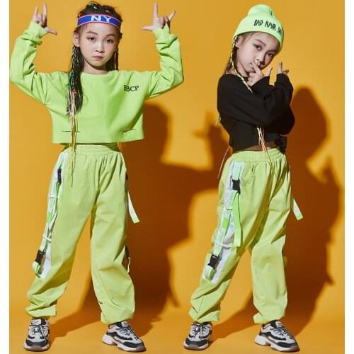 Kids Jazz Dance Costumes Hip Hop Girls Clothing Neon Green Tops Pants Hip-Hop Performance Suit Street Dance Rave Clothes BL5781