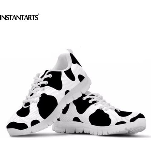 INSTANTARTS Black White Cow Prints Sneakers Women Casual Flats Female Air Mesh Light Skulls Books Pattern Lady Tenis Flat Shoes