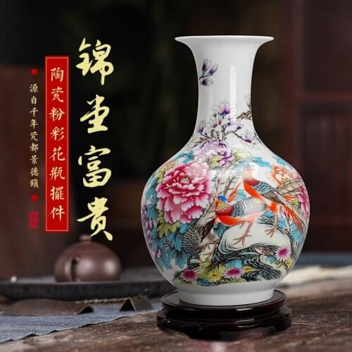 Jingdezhen ceramic vase painting pastel lotus vase home decoration handicraft ornament home ornament