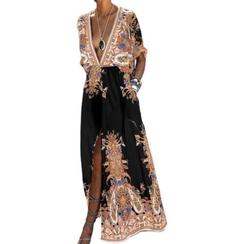 Summer Fashion Boho Long Dress Dress Printed Split Hem Women Elegant Short Sleeve Deep V Neck Casual Beach Dress for Party