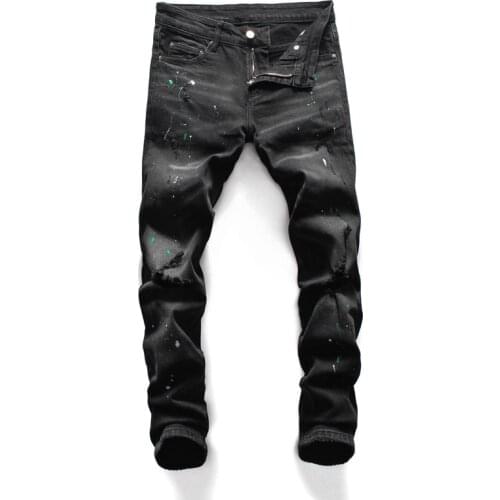 2021 New Fashion Streetwear Black Color Paint Designer Ripped Jeans Men Punk Pants Elastic Slim Fit Brand Hip Hop Jeans Homme