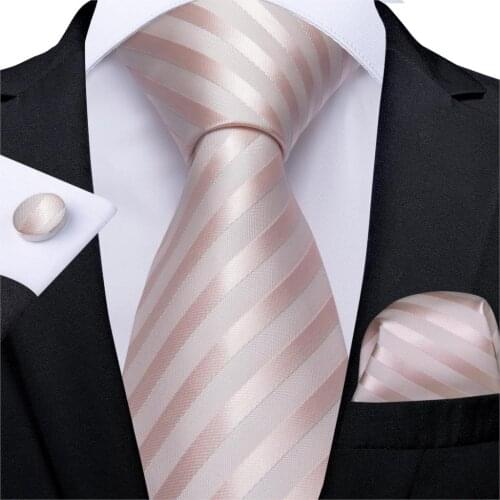 Mens Necktie Pink White Striped Wedding Tie For Men Hanky Cufflinks Silk Tie Set Fashion Business Party DiBanGu Designer MJ-7004