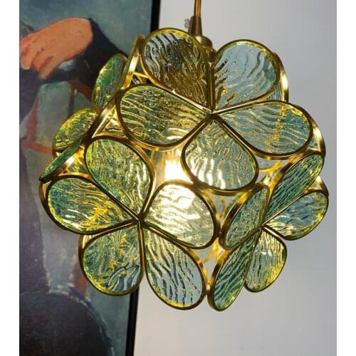 Nordic Ins Japanese Handmade Brass Glass Lamp Bedroom Bedside Restaurant Aisle Entrance Girl Heart Petal Chandelier Led Lighting