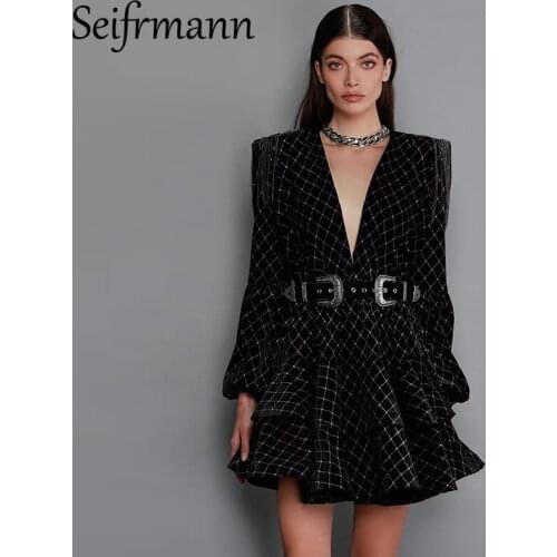 Seifrmann New 2021 Autumn Women Fashion Designer Party Mini Dress Lantern Sleeve Bow Sashes Dot Print Patchwork Dresses Vestidos