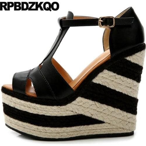 Vintage Gladiator Sandals Heels Black And White T Strap Rope Women Pumps Peep Toe Sexy Fetish Espadrilles Platform Shoes Wedge