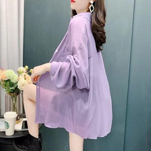 2021 New Women Loose Purple Sunscreen Casual Shirts Lantern Sleeve Coat Chiffon White Purple Women Blouse And Tops Oversized