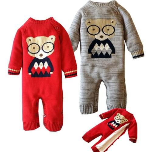 Winter Baby Girls Rompers Cartoon Bear Knitted Sweater Baby Rompers Thicken Coral Fleece Newborn Boys Jumpsuits SnowSuit