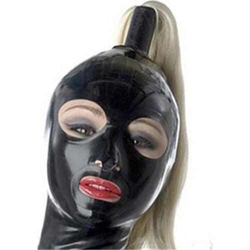 100% Latex Mask Rubber Unisex Hood with Pigtails Rubber Fetish Mask 1 Wigs Latex Headgear