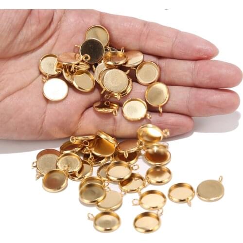 50Pcs 12mm Stainless Steel Vertical Bases Setting Cabochon Round Cameo Base Tray Bezel Blank Necklace Pendant Gold DIY Jewelry