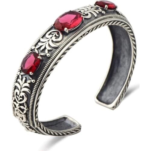 925 Sterling Silver Women Bangle Bohemia Vintage Antique Charm Bracelet Flower Carved Base Created Precious Stone Party Cocktail