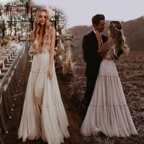 Bohemian Beach Wedding Dress 2021 Pleats V Neck Tulle Hippie Boho Bridal Gowns Dusty Pink Backless Bride Dress Robe De Mariee