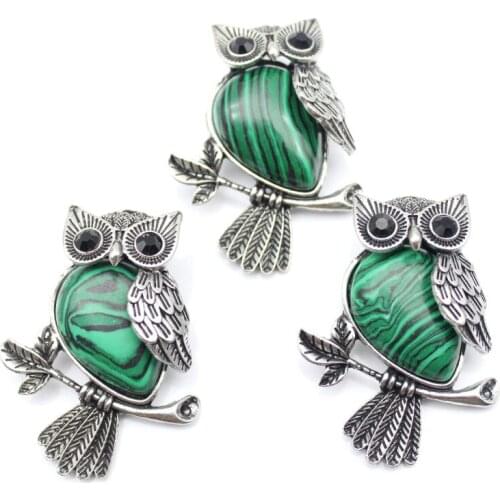 1pcs Vintage Silver Plated Owl Natural Stone malachite Brooch For Women Charms Jewelry Brooches Free shipping