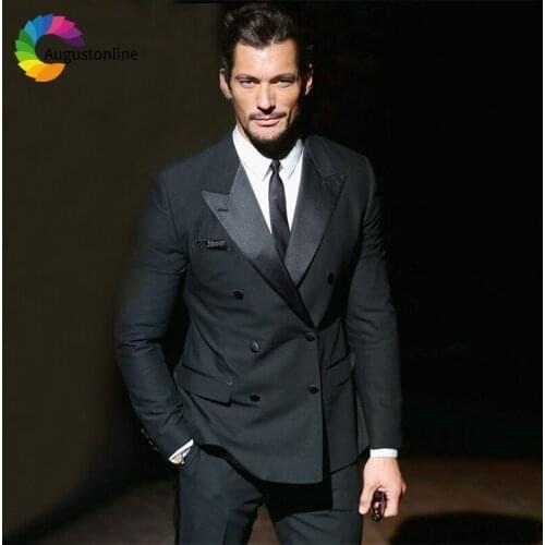Black Double Breasted Business Men Suits For Wedding Groom Blazer Slim Fit Formal Prom Custom Made Tuxedo Costume Homme 2 Pieces