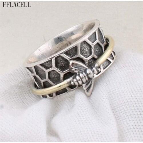 FFLACELL Fashion Punk Honeycomb Ring Female Vintage Rotatable Geometric Irregular Bee Ring Men And Women Party Jewelry Gift