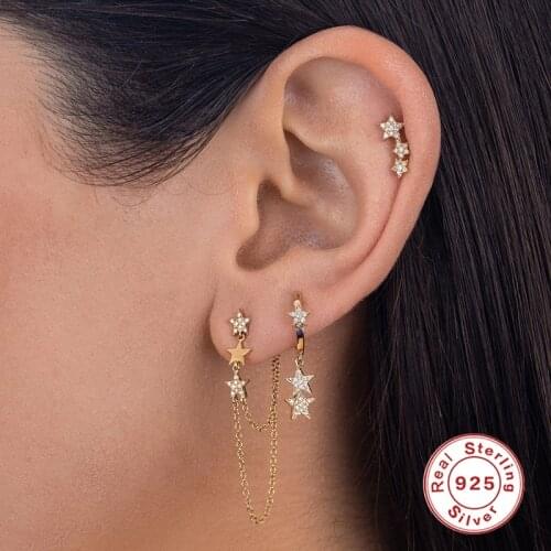 GS 925 Sterling Silver Shiny Clear Zircon Star Pendant Hoop Earrings For Women Girls Valentines Day Gift Earring Fine Jewelry