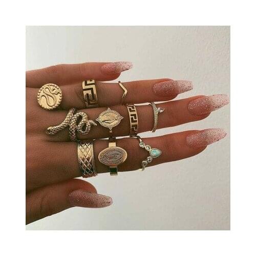 10 pcs/setWomen Fashion Rings Hearts Fatima snake Hands Virgin Mary Cross Leaf Hollow Geometric Crystal Ring Set Wedding Jewelry