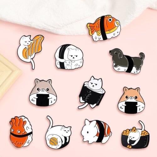 Creative Trendy Cartoon Sushi Cat Oil Drop Lapel Brooch Badges Pin Denim Bag Gift Men Women Fashion Jewelry Clothes Decoration