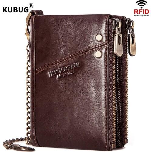 KUBUG Top Brand 100% Genuine Leather Men Wallets Short Design Purse Fashion Cow Leather Male Credit Card Holder with Chain