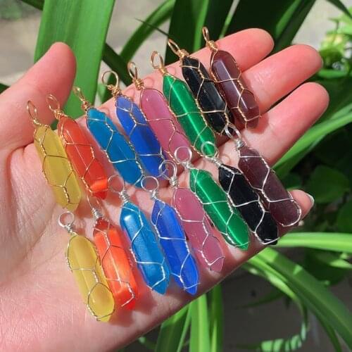 Multicolor Cat Eye Stone Necklace for Women Wire Wrap Chakra Crystal Pendulum Cute Bullet Point Hexagonal Necklace Pendulo