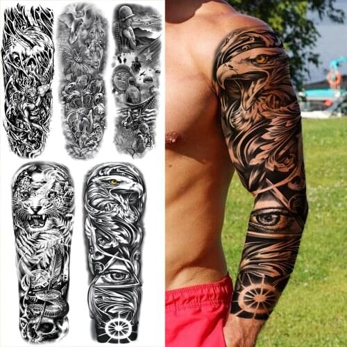 Punk Eagle Temporary Tattoos Sleeve For Men Adult Realistic Fake Soldier Dove Leopard Tatoo Waterproof Full Arm Tattoo Sticker