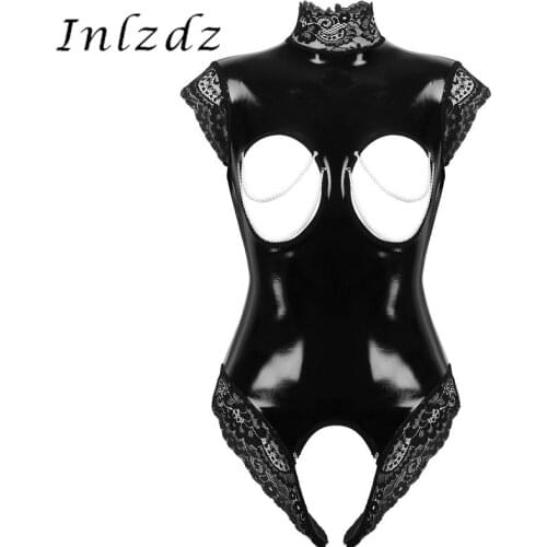 Womens Lingerie Sexy Crotchless Bodysuit Wet Look Leather High Erotic Nightwear Neck Open Breast Lace Trimmed Leotard Bodysuit