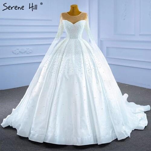 Serene Hill Muslim White Satin Wedding Dresses 2021 Beaded Pearl High-end Bride Gowns HM67279 Custom Made