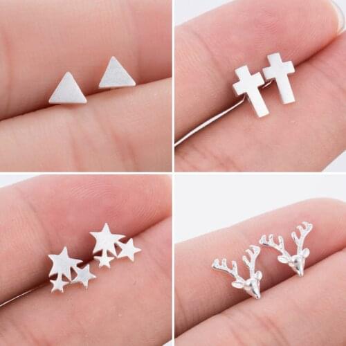 Punk Silver Color Cross Earrings for Women Small Triangle Star Earings Cute Deer Antlers Studs Christmas Jewelry Unique Gifts