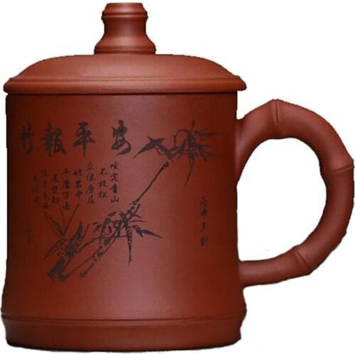 Yixing teacups 400ml Zisha mugs bamboo traditional Chinese tea set cover cups with handle handmade Painting landscape