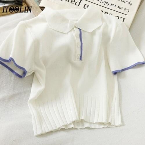 Summer 2021 Womens Polo Shirts Slim Cute Crop Tops Female Button Up T-Shirt Knitted Blouses Student Femme Short Sleeve Polo