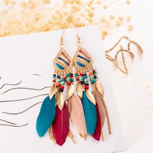 2020 Womens Feather Dangle Earrings Brincos Bijoux Vintage Bohemia Boho Long Leaf Tassel Earrings Tibetan Jewelry