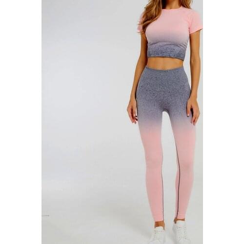 2 Piece Set Women Seamless Gym Set Womens Gradient Yoga Sets Athletic Wear Womens Exercise Sportswear Sports Suit Leggings Women