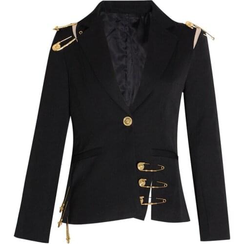 Women Spring Autumn Vintage Big Pin Blazers Women Black Slim Irregular Suit Elegant Temperament Top Female Clothes