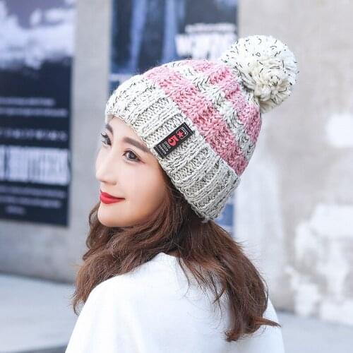 Winter hat ladies fashion matching color woollen hat with wool thickened warm and cold knit hats beanie pom pom hat