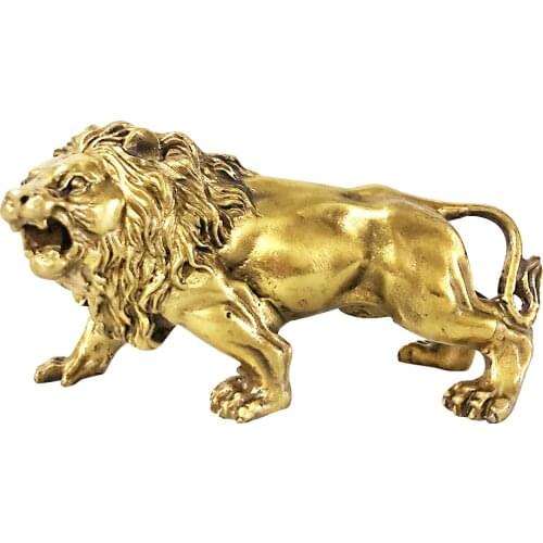 100% Brass Lion Sculpture Copper Crafts Lion Ornament Office Decoration Bronze Feng Shui Decoration Brass Statue Business Gift