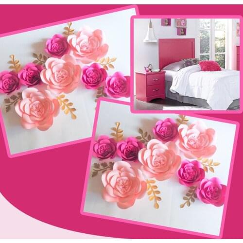 2018 DIY 8PCS Giant Paper Flowers + 7 Leaves Flores Artificiales Fleur Artificielle Wedding & Event Backdrop Party Mix Pink Rose