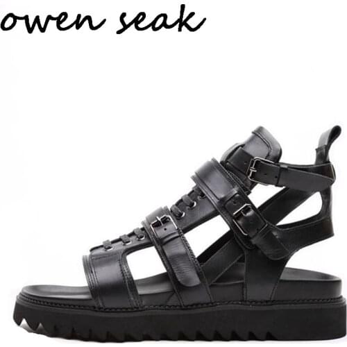 2018 Owen Seak Men Rome Sandals Genuine Leather Gladiator Sandals High-Top Summer Buckle Strap Slippers Slides Men Sandals