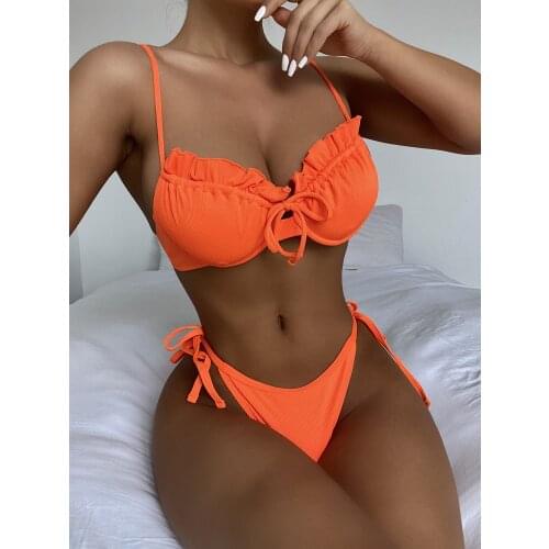 Sexy Underwire Bikini Women Solid Orange Push Up Ruffled Pleated Swimsuit Cut Out Bandgae Bathing Suit Thong Swimwear Biquini