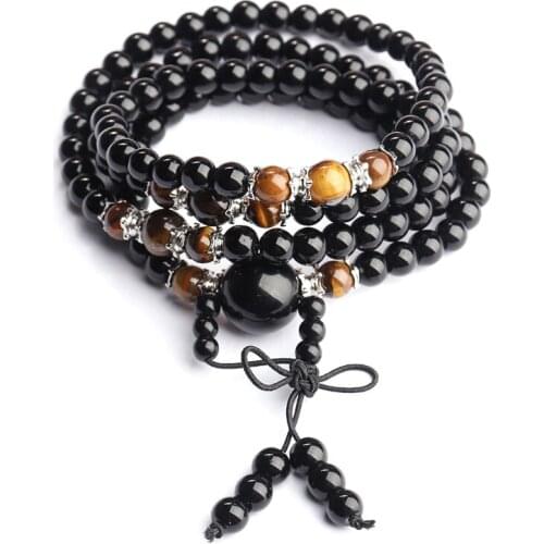 Black Obsidian Bracele 6mm Tiger-eye Obsidian 108 Prayer Beads Stone Bracelet &Necklace For Men Women Jewelry Bracelet Gift