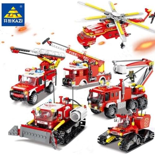 KAZI City Fire Fighting Truck Series Building Blocks Fire Plane Rescue Water Spray Forest Fire Car Firemen Educational DIY Toys